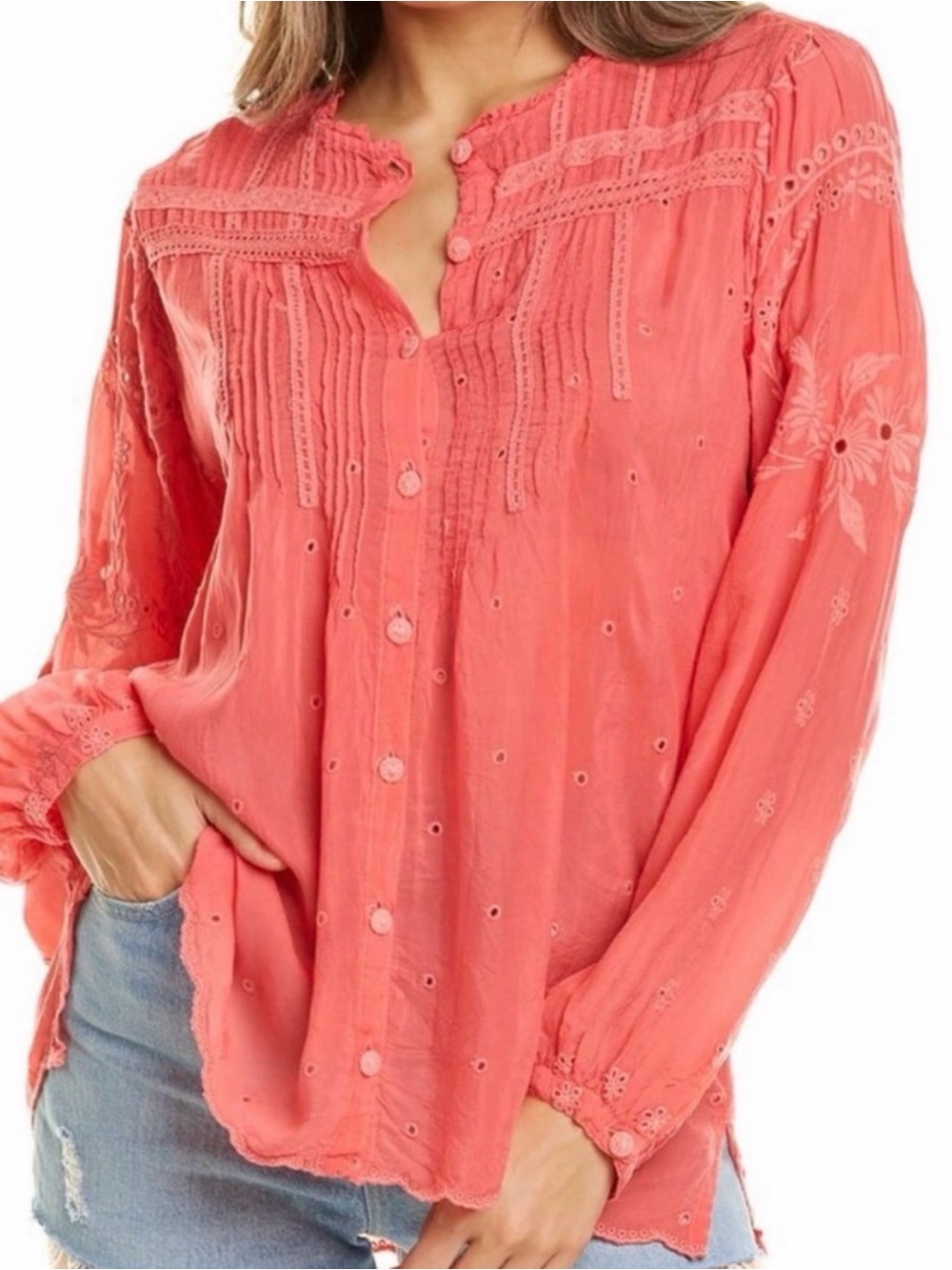 Johnny Was Helia Coral Flowy Embroidered Button-Front Blouse w/ Eyelet Detail 2X